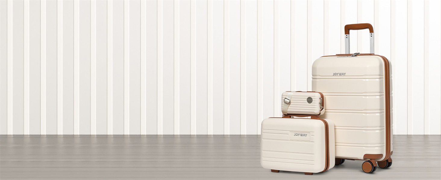 Набір валіз Joyway 5шт з жорстким корпусом, 4 колеса та TSA-замок. В комплекті: косметичка та сумка. (Білий/Коричневий)