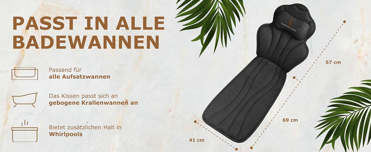 Подушка для ванни повномірна (152x56 см) з підголівником (11 см) чорного кольору – підтримка шиї, спини та ніг. Зі сумкою для прання та подорожей, гачком для сушіння.