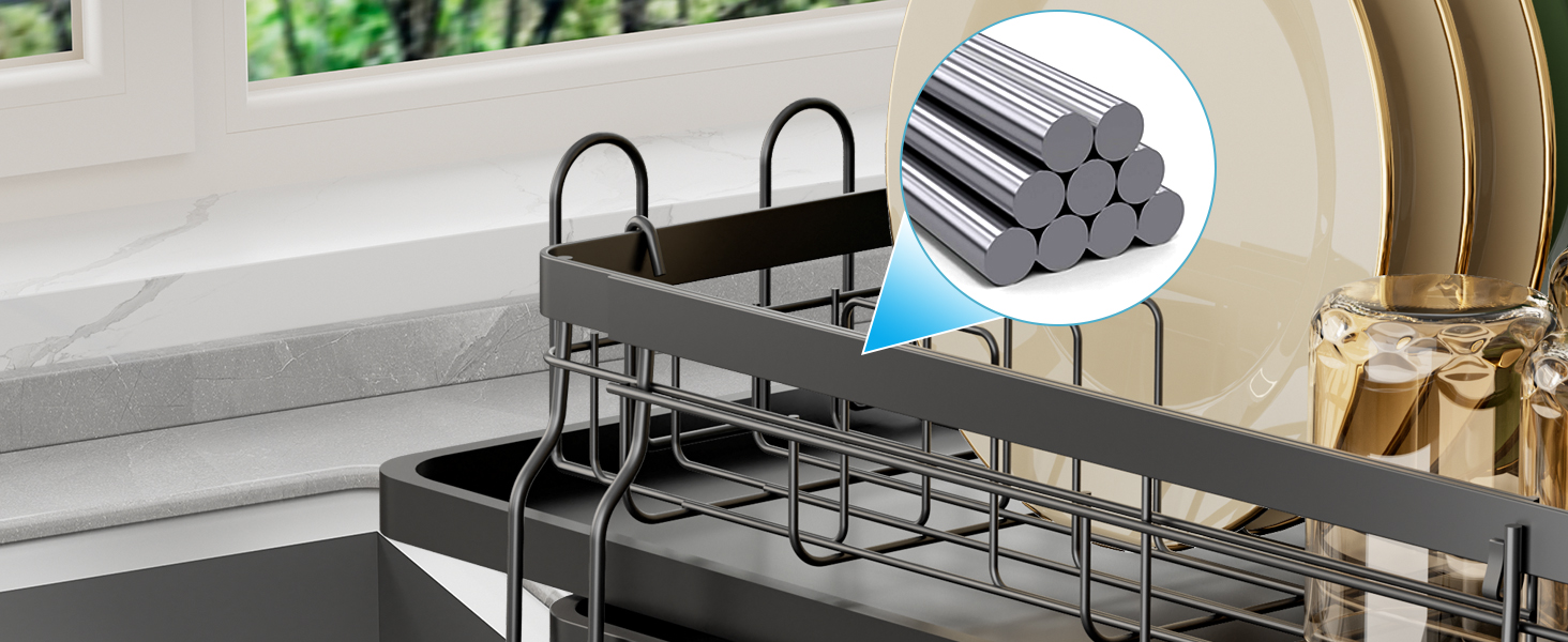 Сушарка для посуду ROTTOGOON розширювана, чорна: складана стійка з нержавіючої сталі, зливний жолоб та відділення для столових приборів