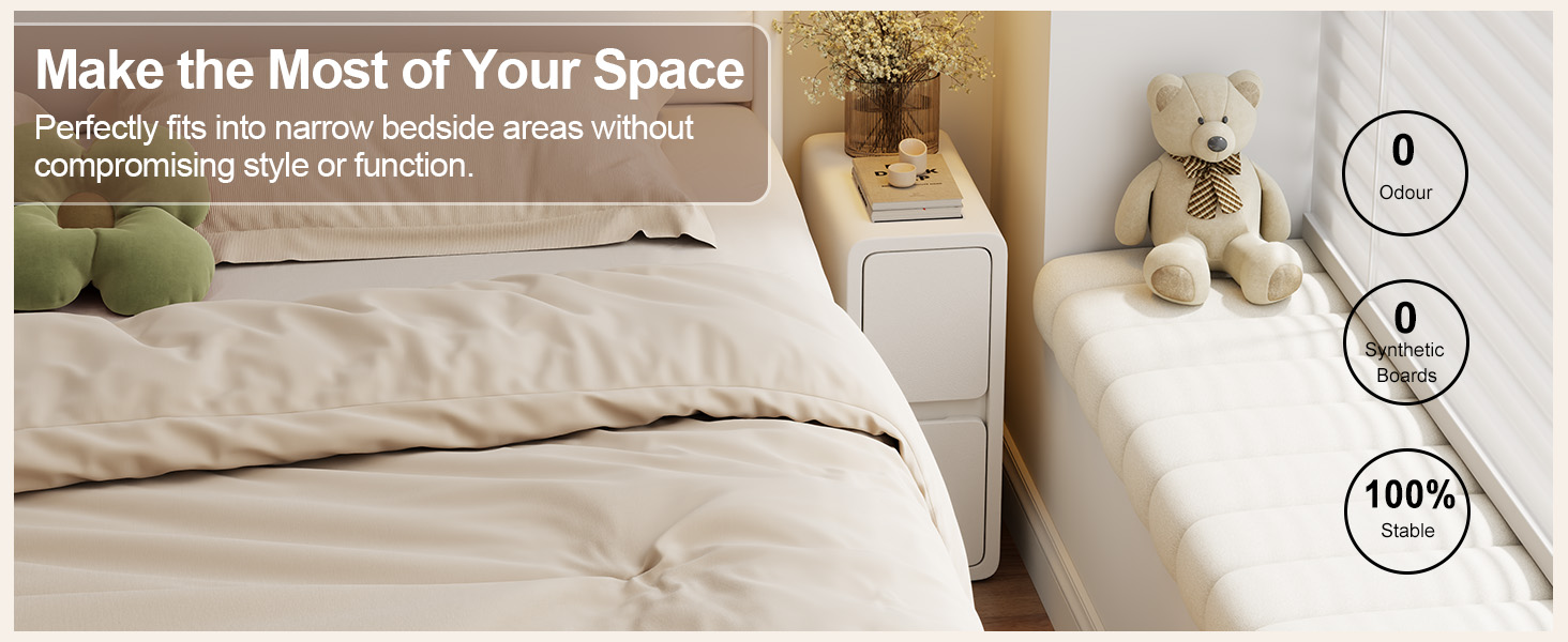 Нічний столик AQIMUELE, білий, з 2 шухлядами, ширина 30 см, без встановлення, з екошкірою