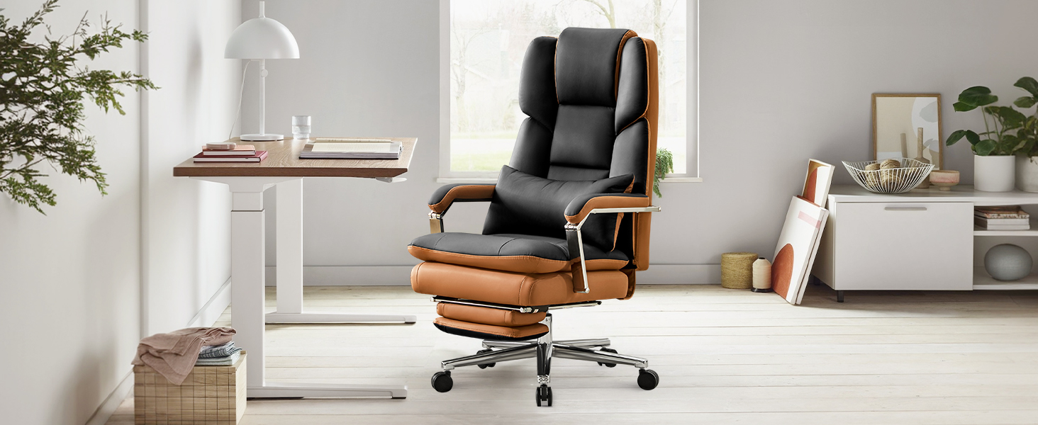 Ергономічне крісло для офісу, шкіра PU, крісло для керівника, 200 кг, з підніжкою та підтримкою попереку, для дому/офісу, регульоване, висока спинка, чорне