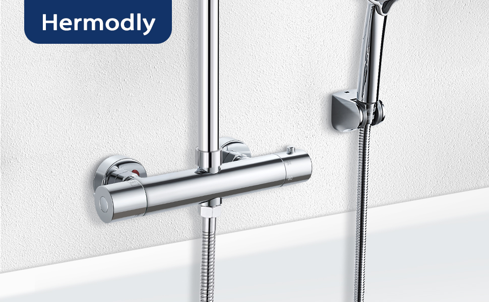 Змішувач для ванни з термостатом, накладний, хром, латунь, з кнопкою безпеки 38°C, для ванни, водопровідний кран, термостат для душу (2 отвори)