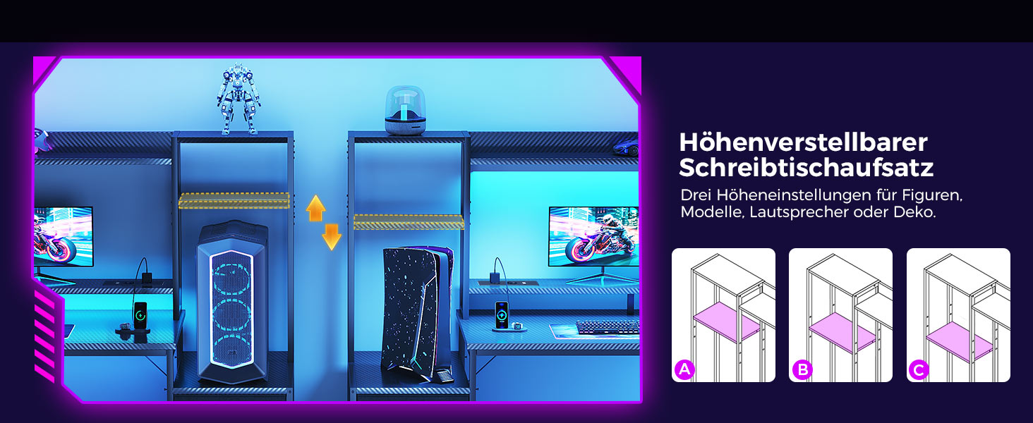 Ігровий стіл Coleshome з полицею та шухлядами, 137×48 см. Стіл для ігор з LED-підсвічуванням, розеткою, полицями та підставкою для монітора. Вуглецеве волокно, чорний колір