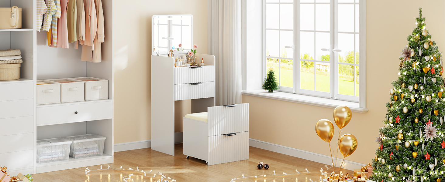 Трюмо Lvifur з LED-дзеркалом та 3 висувними ящиками, кутовий, для спальні, квартири, гуртожитку, білий