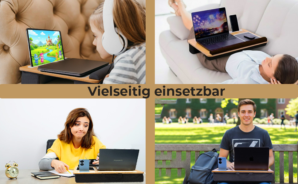 Підставка для ноутбука в ліжко та диван – з подушкою, тримачем для телефону та підкладкою для зап'ястя – підходить для ноутбуків до 17' – легка та комфортна для офісу, навчання та відпочинку (Сірий, Чорний)