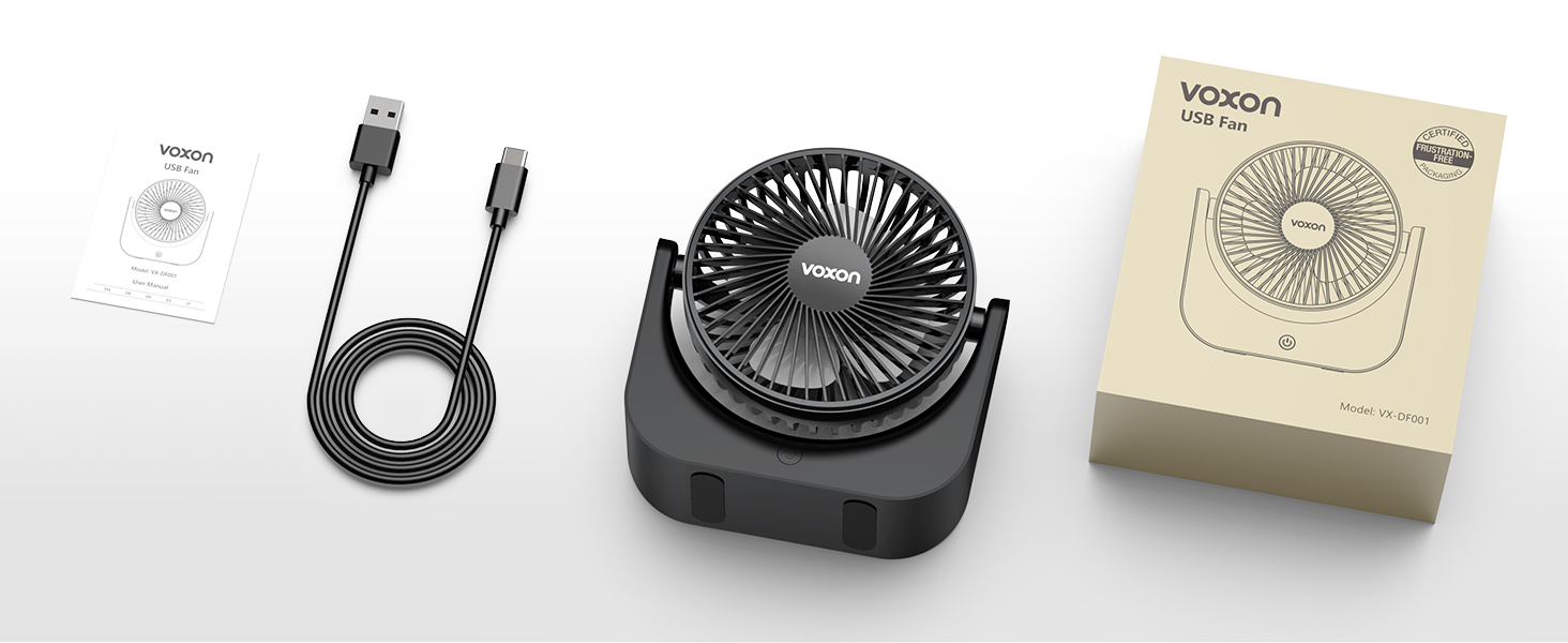 VOXON USB Настільний вентилятор міні з 5 швидкостями, тихий USB-вентилятор з кабелем 1.5м для офісу, дому, спальні, чорний