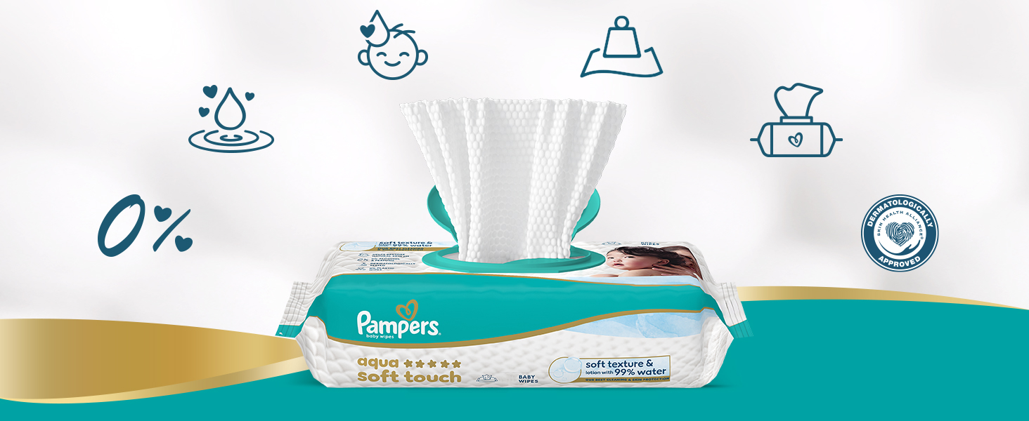 Дитячі вологі серветки Pampers Aqua Soft Touch, 15 упаковок по 60 шт (900 шт), гіпоалергенні