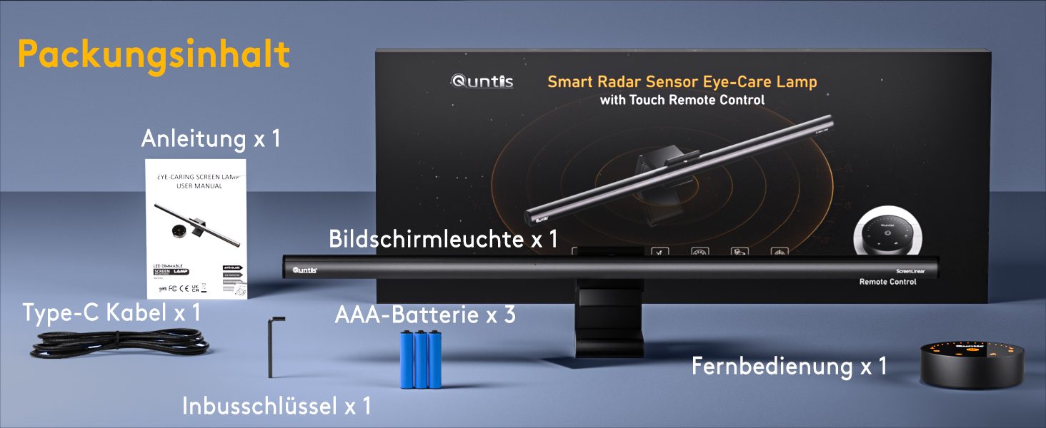 LED-лампа для монітора Quntis з радаром, авто вмикання/вимикання, пультом ДУ, 52 см, регулювання кольору та яскравості, таймер, захист від синього світла, USB-лампа для ПК