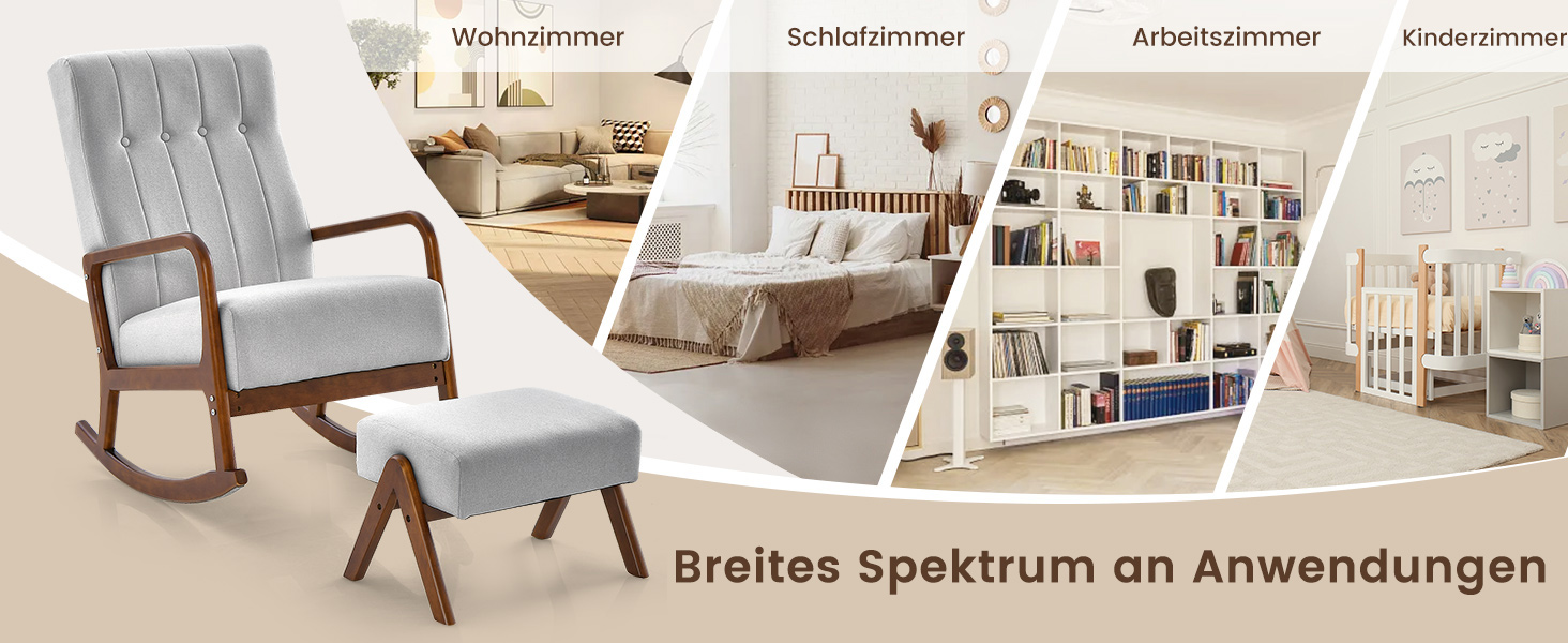 Крісло-гойдалка COSTWAY з пуфом, до 150 кг, бежеве - розслабляюче крісло для вітальні та спальні з дерев'яним каркасом