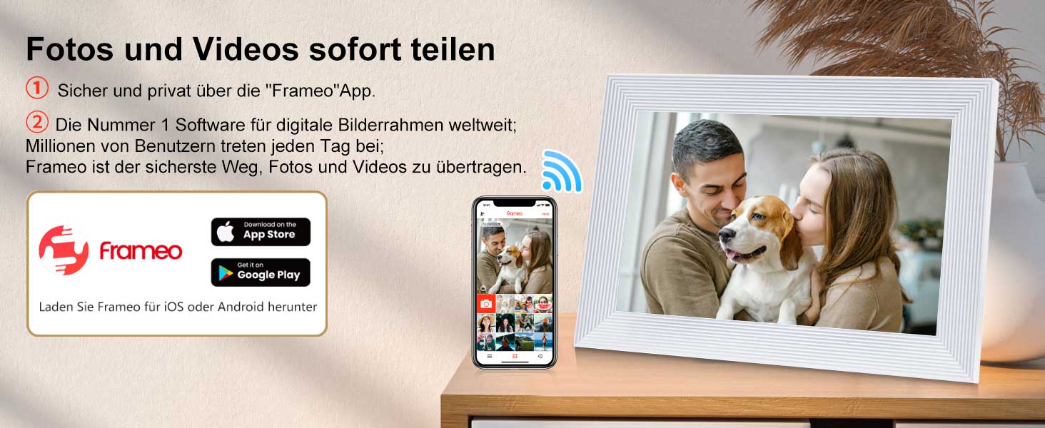 Frameo Цифровий фоторамка 10.1 дюйма з Wi-Fi, HD сенсорний екран, 16GB пам'яті, автоматичне обертання, підтримка фото та відео, настінний монтаж