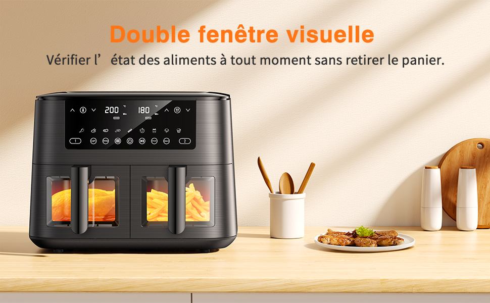 Аерофритюрниця з двома камерами та вікном перегляду 9л, Airfryer 9-в-1 з сенсорним керуванням, антипригарне покриття, для здорового приготування без олії