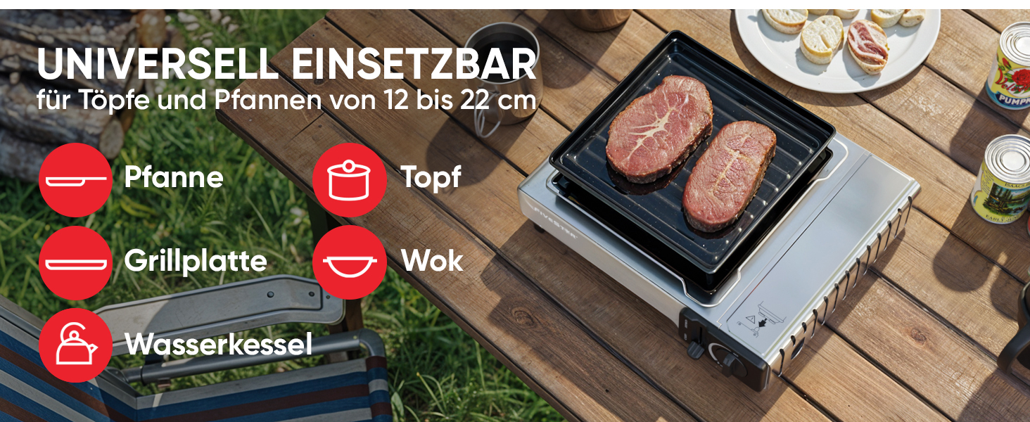 Газовий наметний газовий нагрівач Gaskocher з 1 пальником, Piezo-запалюванням та грилем BBQ 38 см, 2.2 кВт