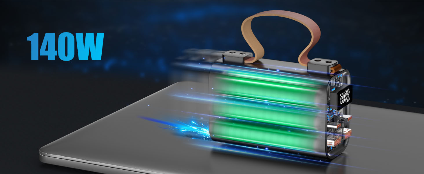 Портативний акумулятор для ноутбука 140W, 50000mAh: Power Bank з LED дисплеєм, PD3.1, QC4.0, 4 виходи та 2 входи (Чорний)