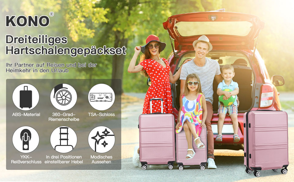 KONO Набір валіз 3 в 1: велика, середня, маленька. ABS, рожевий, з TSA замком та колесами