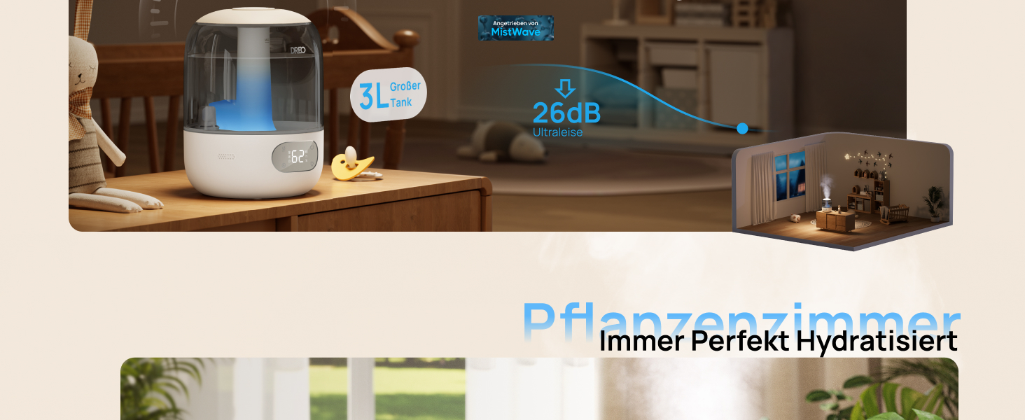 Зволожувач повітря Dreo для спальні, ультразвуковий холодний туман, 30 годин роботи, 3л резервуар, датчик вологості, нічник для дітей, кімнатних рослин та дому (Сірий)