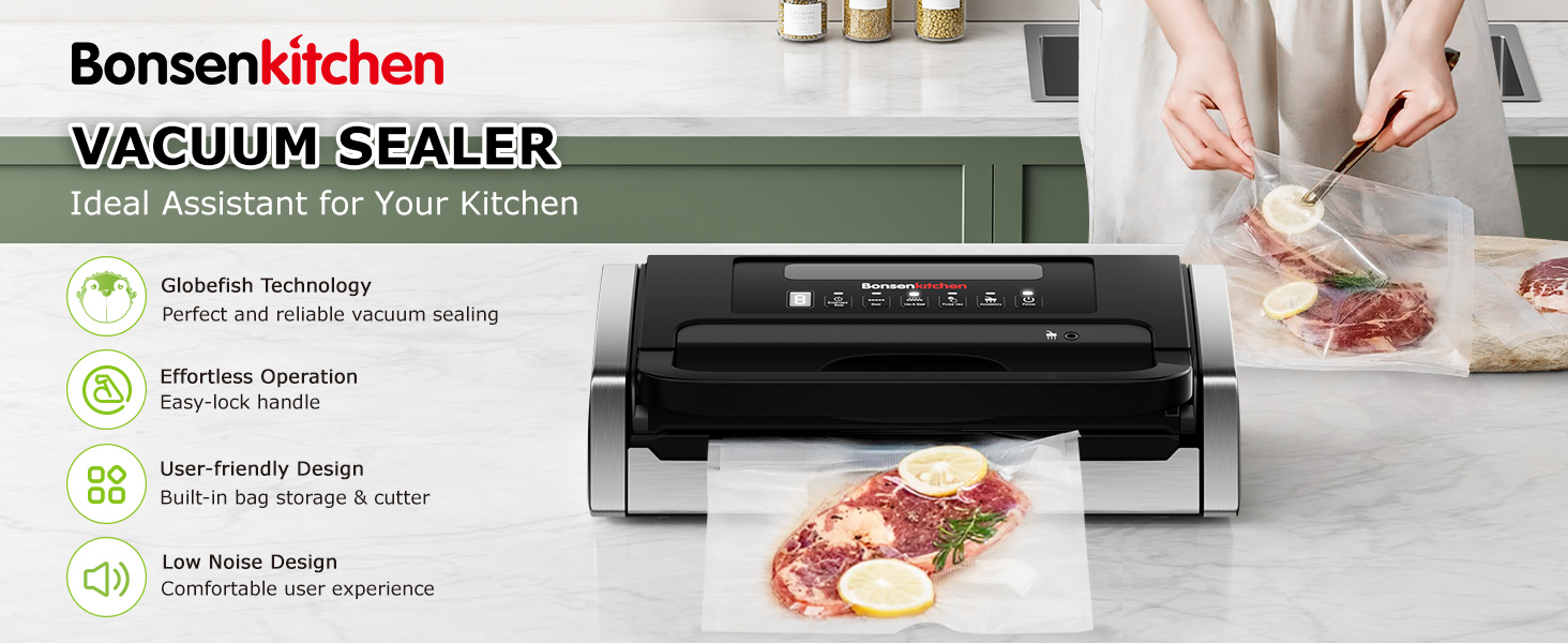 Вакууматор Bonsenkitchen для продуктів, потужний вакуумний пакувальник 15л/хв, з інтегрованим різаком та ручкою-фіксатором, чорний (комплект з 100 пакетами)