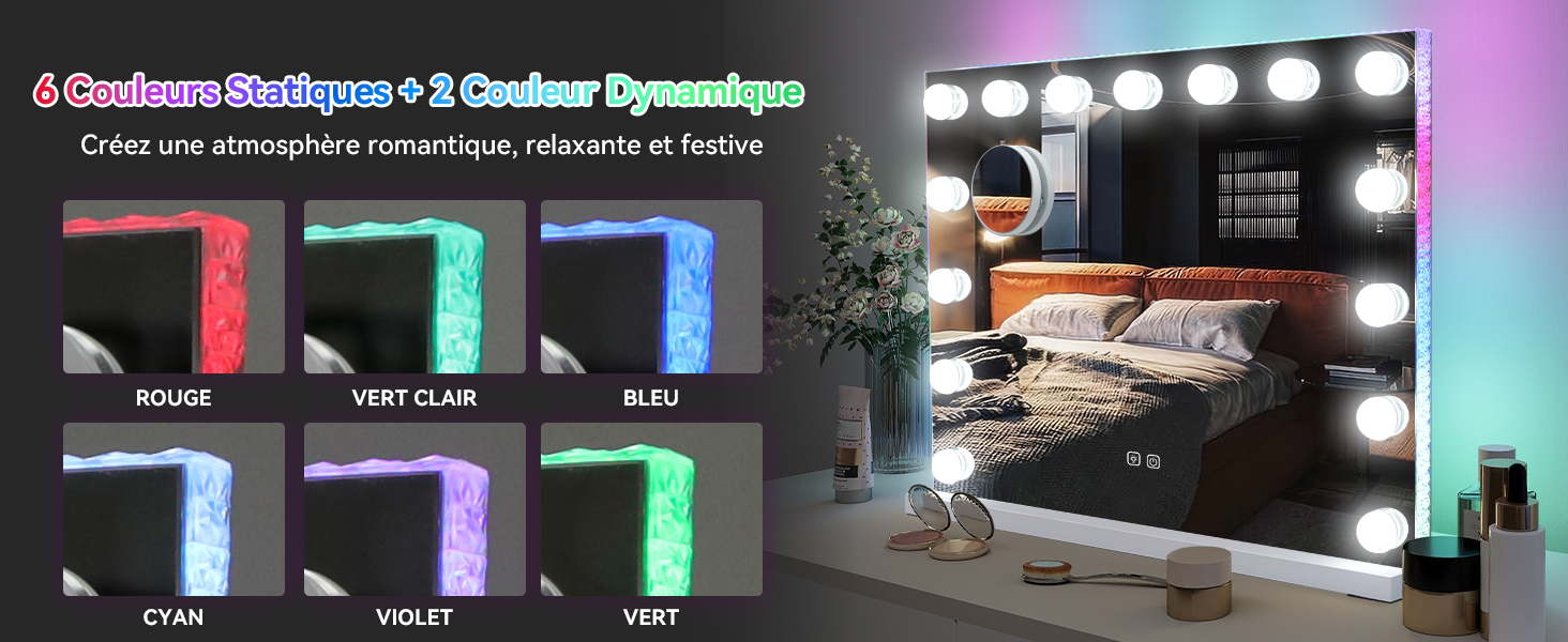 Дзеркало для макіяжу YU YUSING з підсвічуванням 58x45 см, 15 LED, 3 кольори, збільшення 10x, USB Type-C, RGB