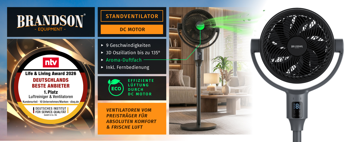 Вентилятор підлоговий Brandson ECO Line 3D з пультом, дисплеєм, 9 швидкостей, чорний