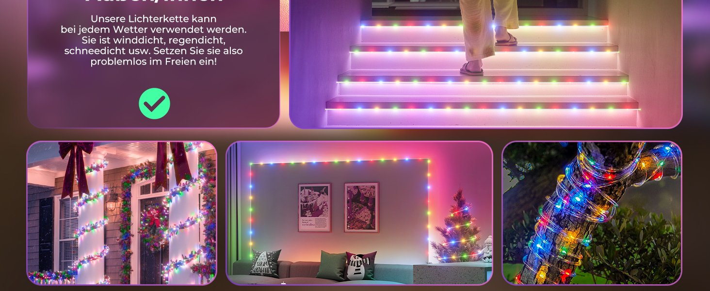 LED гірлянда для декорування: 24 лампочки, 12 м, RGB, тепле біле світло, 8 режимів, таймер, димування. Підходить для дому, саду, балкону, вечірки, весілля, святкування Різдва.