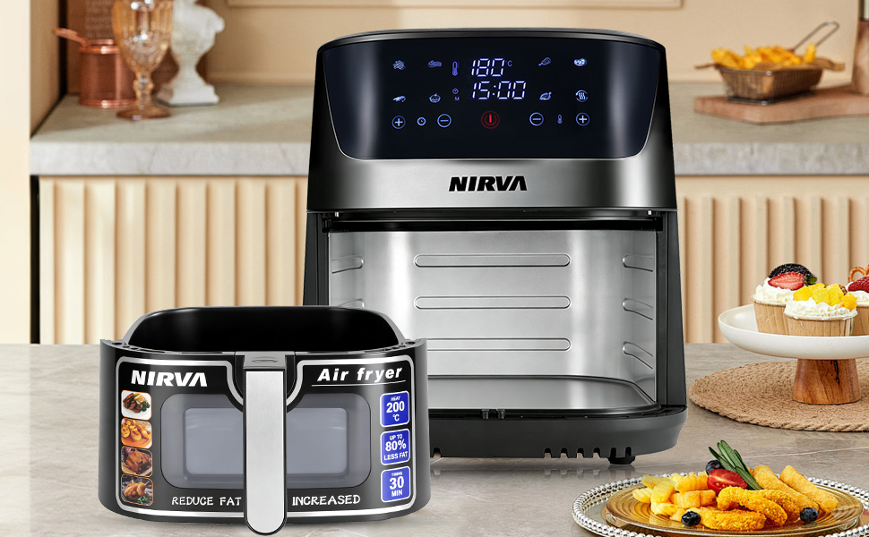 Аерофритюрниця Nirva 8,5 л, 1700 Вт, безмасляна фритюрниця з вікном, антипригарним покриттям та кошиком для посудомийки, чорна/нержавіюча сталь