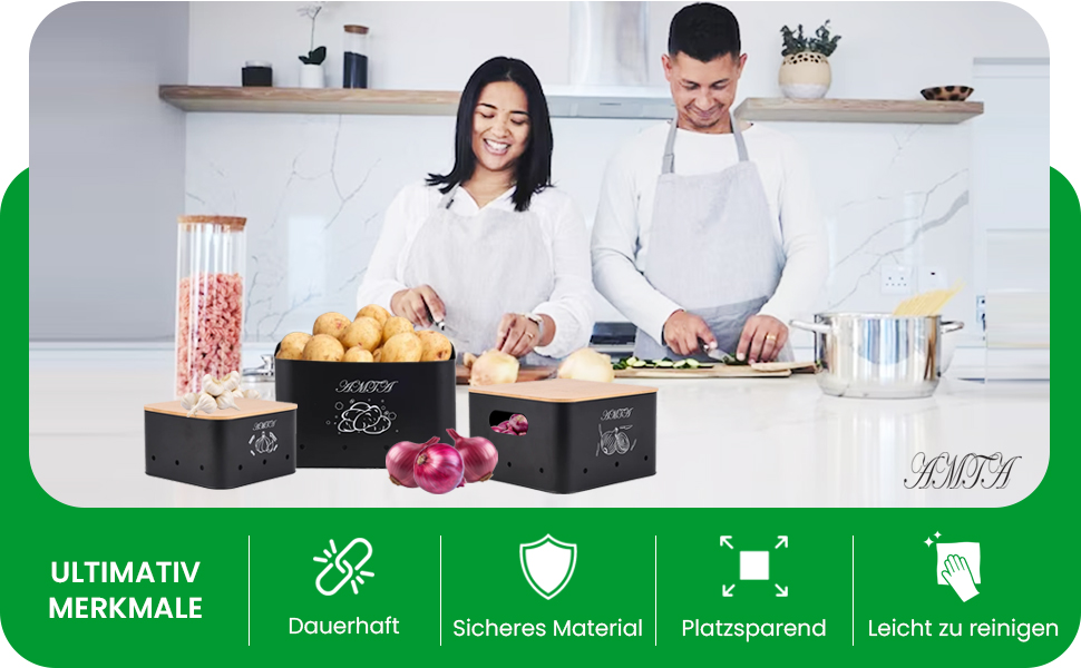 Набір контейнерів для зберігання картоплі, цибулі та часнику (3 шт) – Преміум-контейнери з циркуляцією повітря, вінтажний стиль, чорний колір