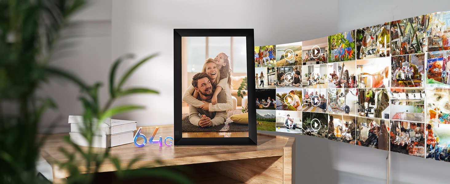 Цифровий фоторамка 10.1 дюйма з Wi-Fi, 64GB пам'яті, IPS LCD сенсорний екран 1280x800, автоповорот, аудіо, швидке завантаження фото та відео, чорний