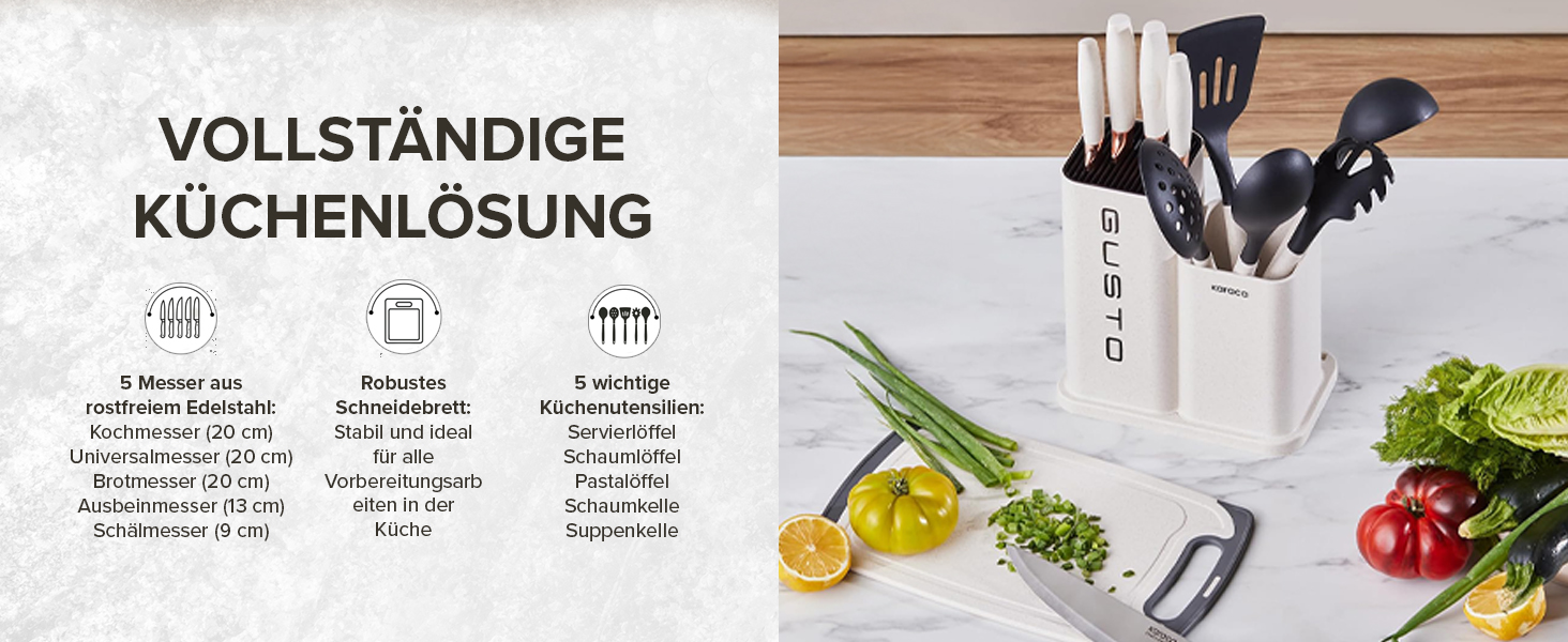 Набір ножів Karaca Gusto 12 предметів з дерев'яною підставкою та кухонними аксесуарами, з нержавіючої сталі, ергономічні ручки, кремовий колір