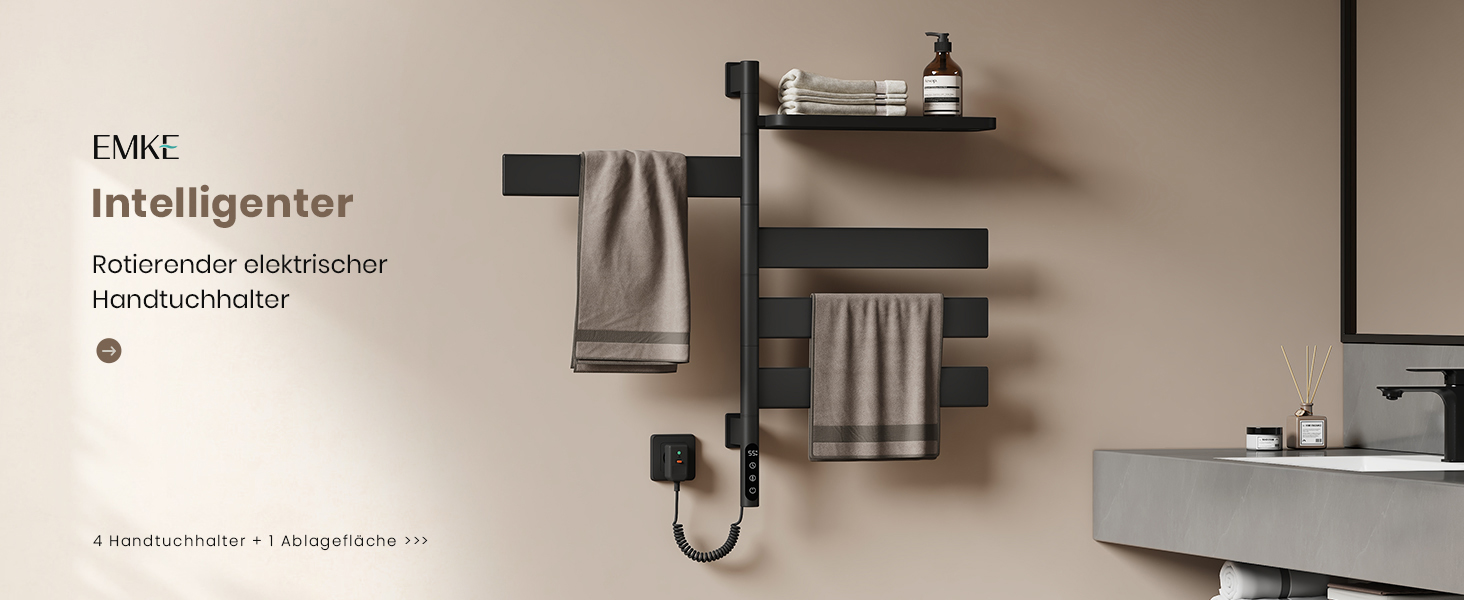 Електричний сушильник для рушників EMKE 180° з полицею, Wifi, 120W, 760x450 мм, чорний