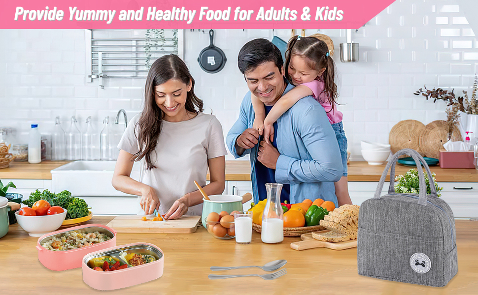 Ланчбокс дорослий та дитячий з сумкою, 3 відділи, витоки неможливі, для мікрохвильовки, бенто-бокс для роботи, школи, пікніка, подорожей (рожевий)