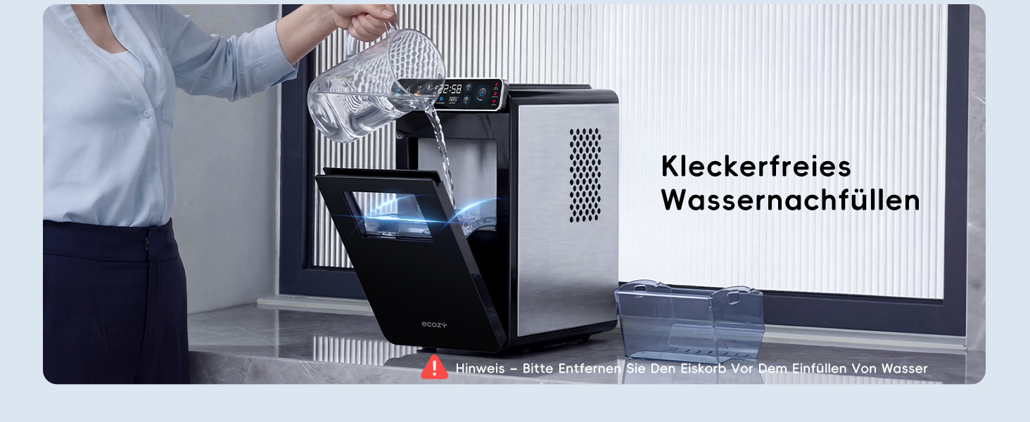 Компактний льодогенератор ecozy з кольоровим дисплеєм та таймером на 24 години, 12 кг льоду/добу, 2 розміри кубиків, функція самоочищення, чорний