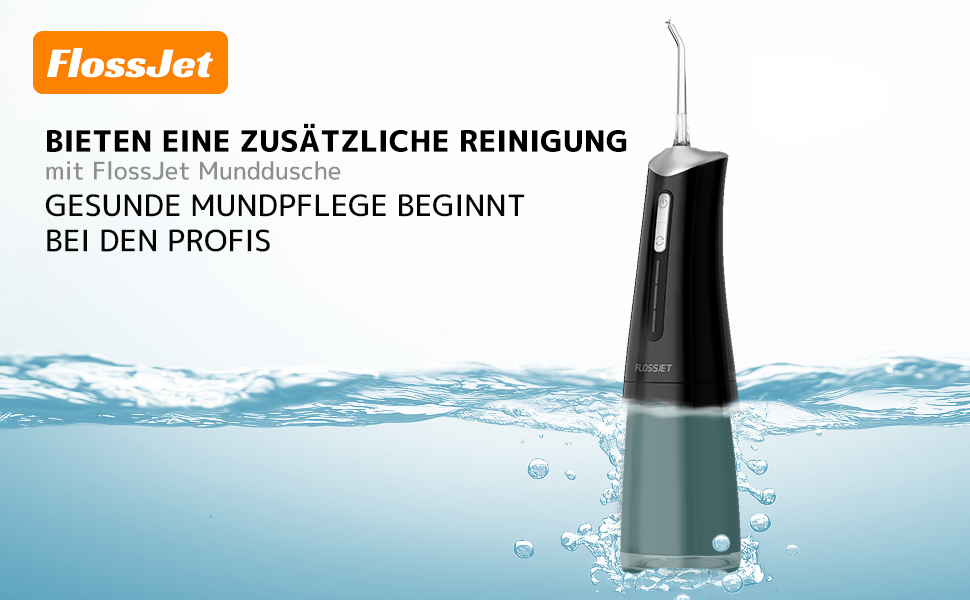 Бездротова електрична ірригатор для порожнини рота FlossJet з 4 режимами, 5 насадками, об'єм 300 мл, USB-C, чорний