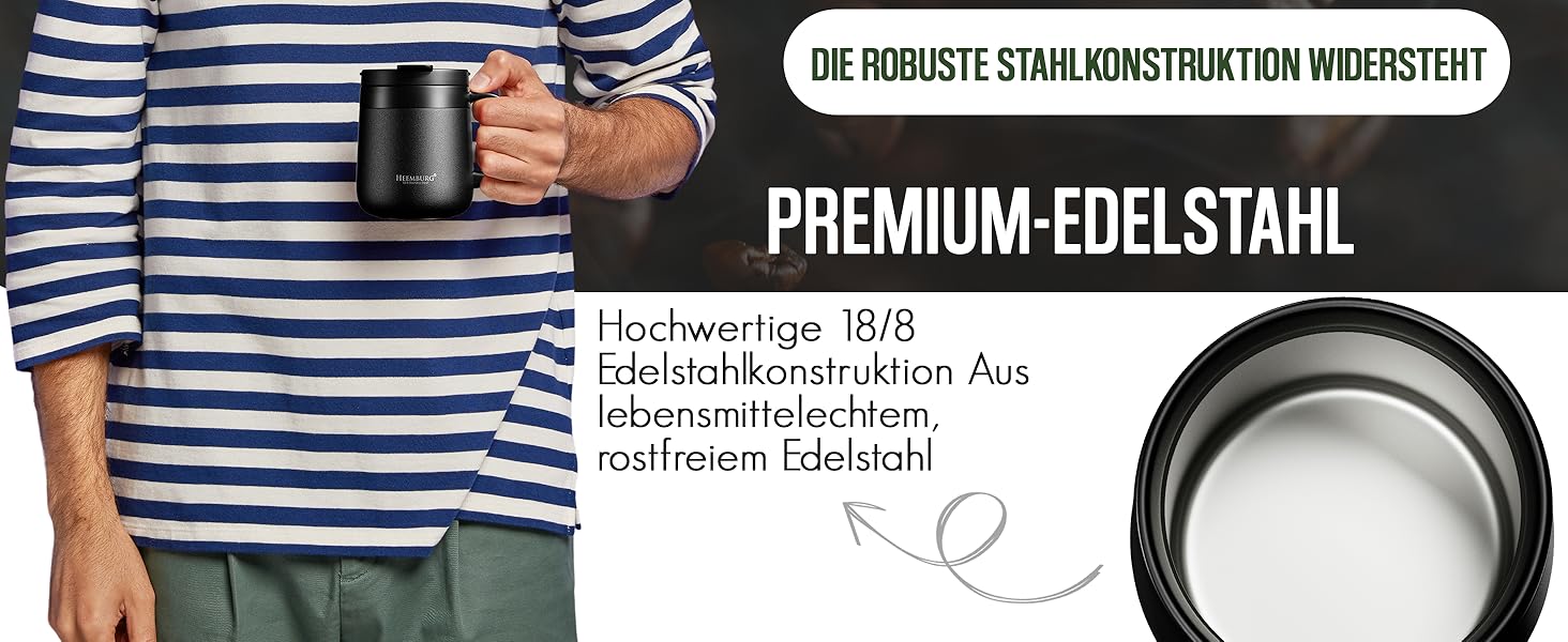 Термокружка з ручкою, подвійні стінки, вакуумна ізоляція, нержавіюча сталь 18/8, з 2 кришками, протиковзке дно, 440 мл, для офісу та робочого місця