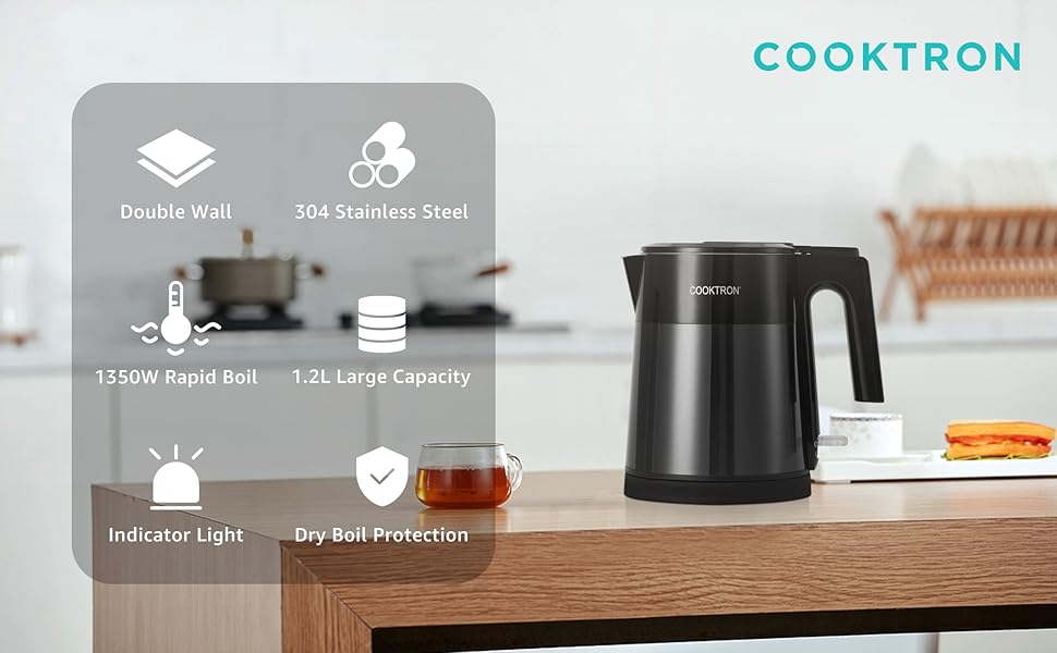 Електричний чайник з нержавіючої сталі Cooktron, тихий, 1 л, 30 дБ, без бісфенолу А, прохолодний дотик, подвійні стінки, швидкий, чорний