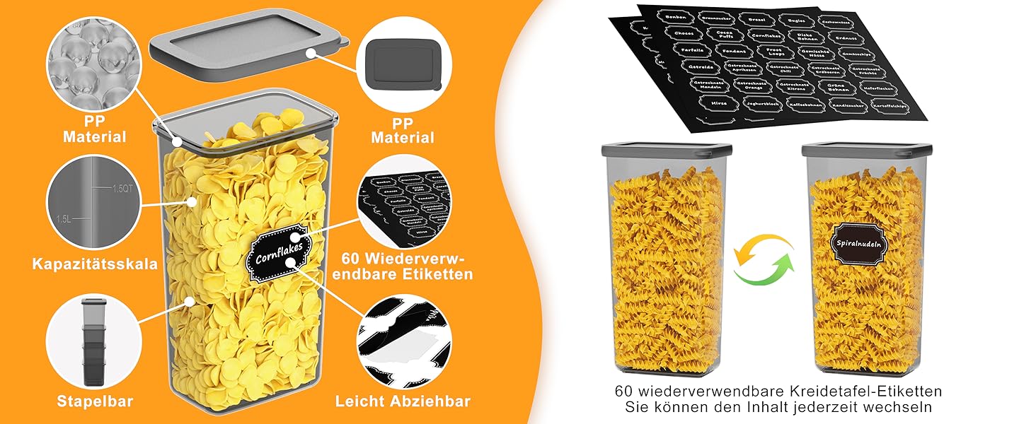 Герметичні контейнери для зберігання продуктів з кришкою, набір 6 шт, сірий (1,8 л)