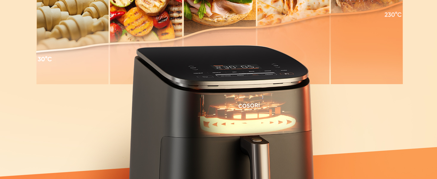 Фритюрниця Cosori Turboblaze з керамічним покриттям, 9-в-1, об'єм 6л, XXL, тихий DC мотор, 87 рецептів, сірий колір