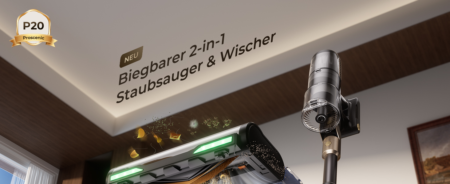 Proscenic P20: Акумуляторний пилосос 2-в-1 з функцією вологого прибирання, 70 кПа, 70 хв, 680 Вт, чорний. Для килимів та шерсті тварин