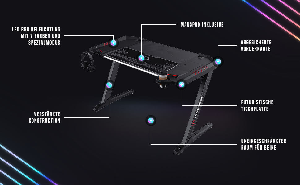 Ігровий стіл з XL-панеллю, світлодіодним RGB-підсвічуванням, слотом для мобільних пристроїв посилена металева конструкція, чорний