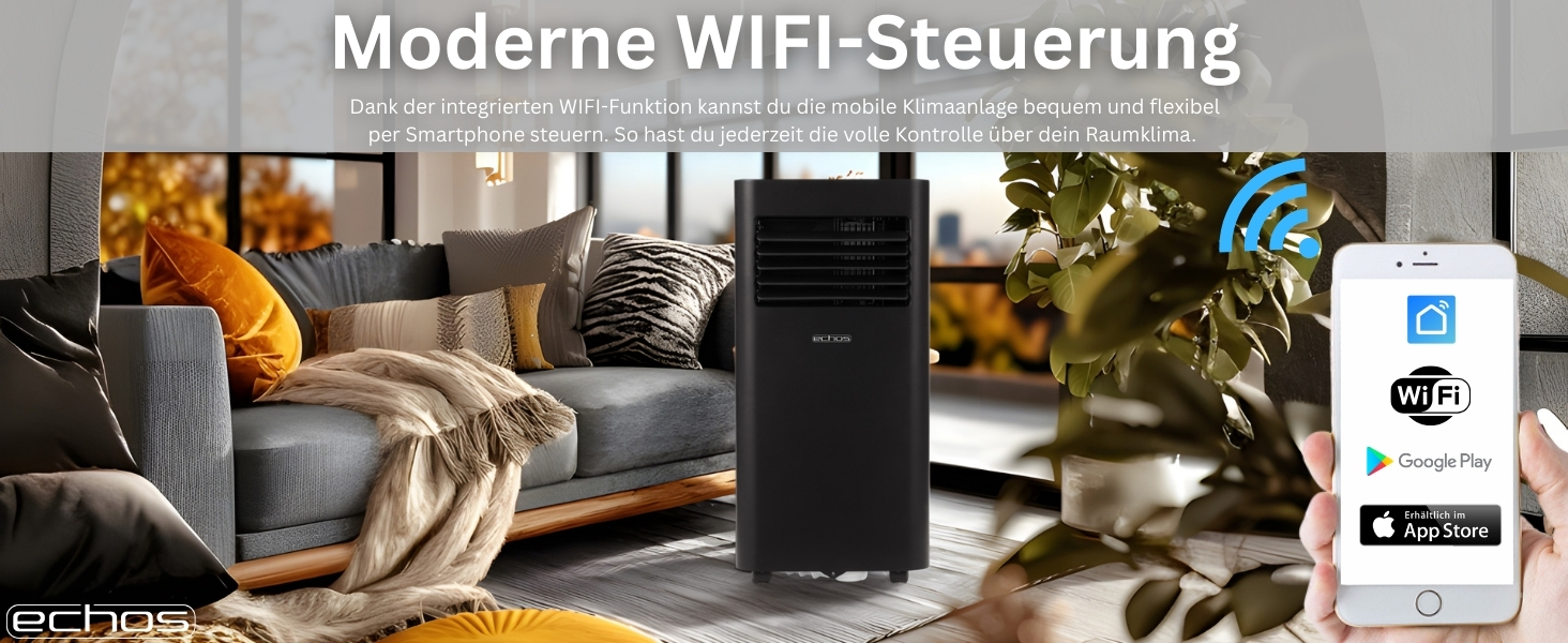 Мобільний кондиціонер Echos 9000 BTU з Wi-Fi, пультом та таймером 24 год – охолодження, осушення, вентиляція