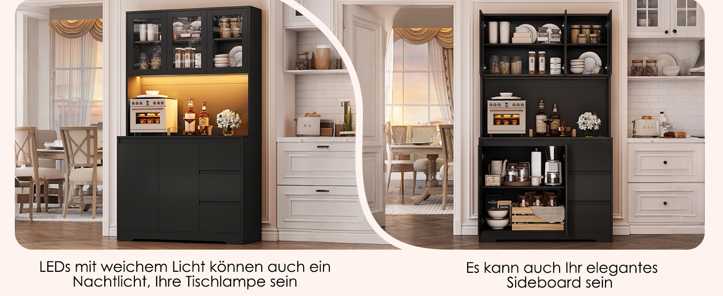 Чорний кухонний буфет з LED-підсвіткою, стільницею та 3 висувними ящиками, 180x100x38.5 см