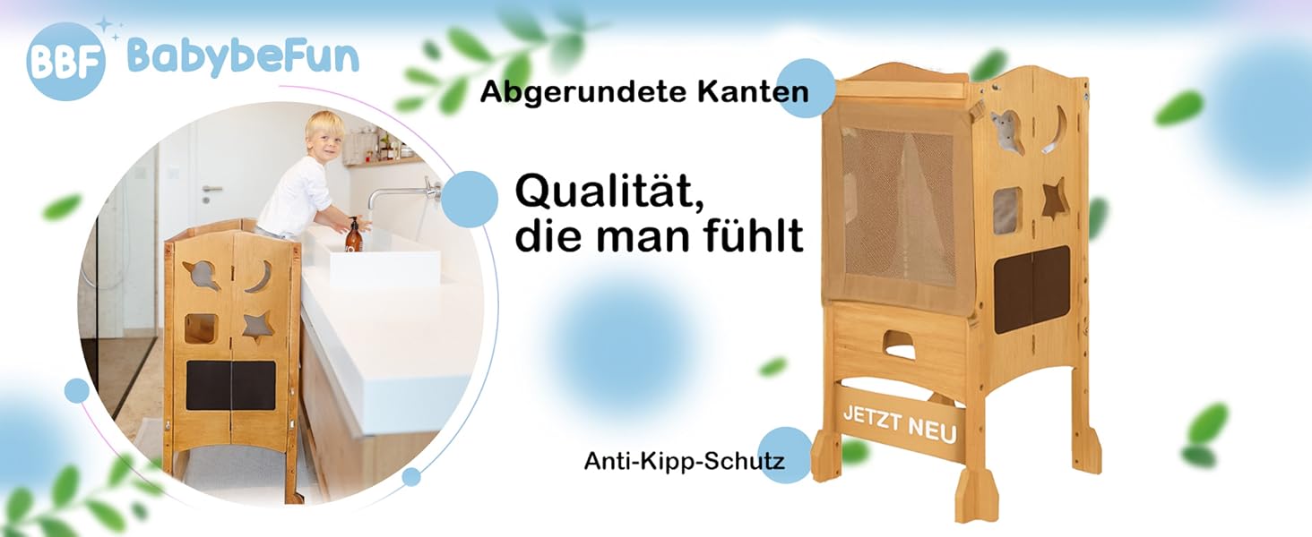 Дитячий навчальний столик-сходинка (1 рік+) з сіткою безпеки 360° - стабільний, масивний, з анти-кидкою, білий (натуральне дерево)