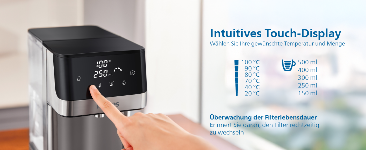 Фільтр для води Philips Water Station: диспенсер гарячої та холодної води з 6 режимами, сенсорним екраном, очищення від хлору, вапна, важких металів, мікропластику та PFAS, об'єм 2.2 л