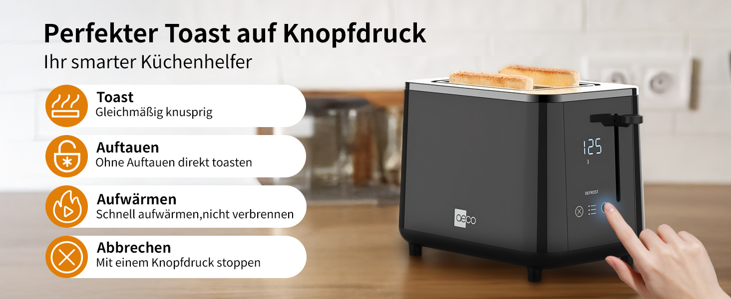 Тостер aeco toastlab Elite 2-слотовий з підставкою для булочок, 6 рівнів підсмажування, 10 програм, 850 Вт, LCD-дисплей, функція підйому, розморожування, піддон для крихт (LED-Touch)