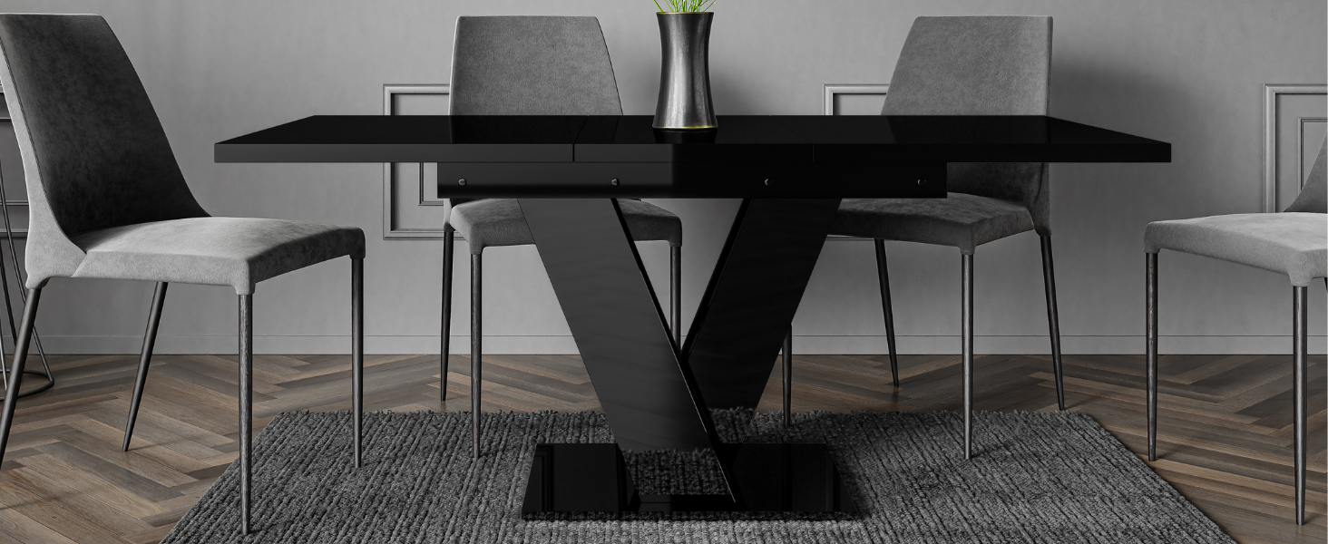 PROROOM FURNITURE Розсувний кухонний стіл Malvi – чорний глянцевий стіл 120-160 см для 4-6 осіб | Легка збірка | Для їдальні та кухні