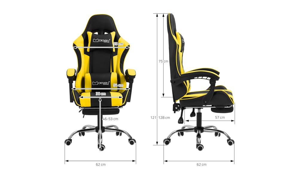 Масажне ігрове крісло ML-Design, чорно-жовте, штучна шкіра, ергономічне офісне крісло, регульоване поворотне крісло, крісло для гоночних геймерів з підлокітником, підголівник, поперекова подушка, підставка для ніг, крісло для столу