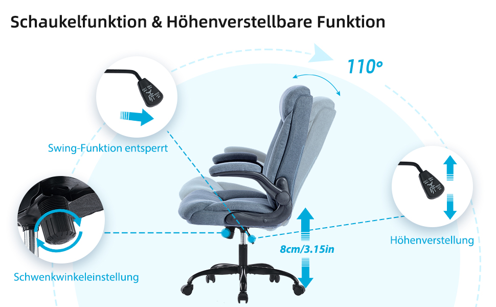 Ергономічне крісло для офісу, комп'ютерне крісло, обертове крісло для роботи з підйомною підлокітником, регульоване по висоті, зручне для офісу, дому, геймінгу (темно-синій), тканина блакитна