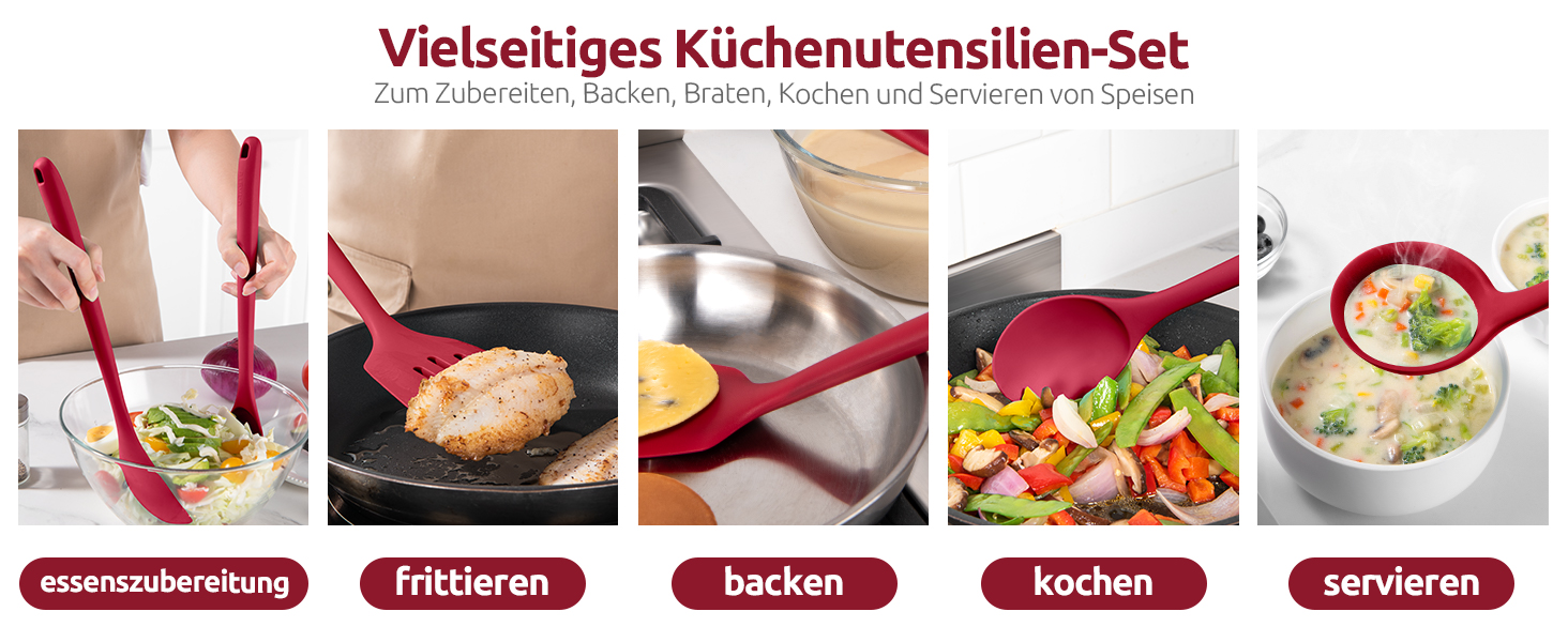 Набір кухонних аксесуарів U-Taste з силікону (5 шт.), стійкий до 315°C, BPA-free, антипригарний, для приготування, перемішування, подачі їжі (червоний)