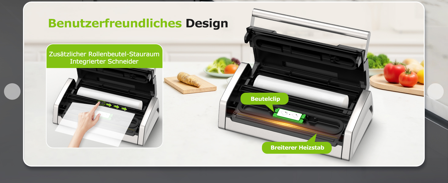 Вакууматор Bonsenkitchen VS5100 для Sous-Vide, 15 л/хв, з вбудованим різаком та кліпсою для пакетів, сріблястий