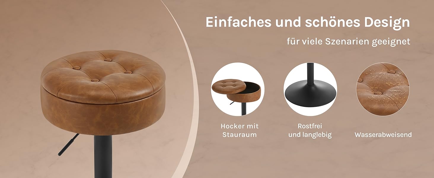 Барні стільці WOLTU 2 шт. з місцем для зберігання, регульовані по висоті, 360° обертання, для кухонної вишки, їдальні, бару, кухні, вітальні, штучна шкіра, метал, коричневий, вінтажний стиль