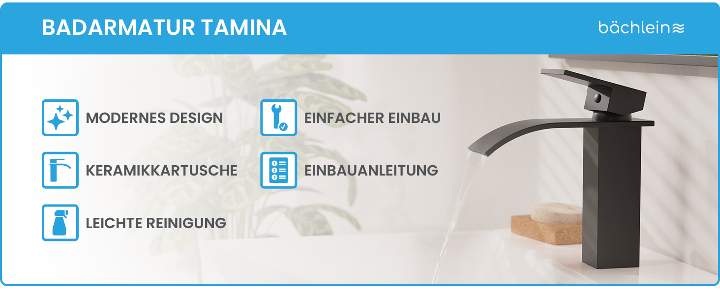 Змішувач для ванної кімнати Bächlein Tamina з водоспадним дизайном, однорідний, з довговічною керамічною картриджі та монтажним комплектом, чорний мат