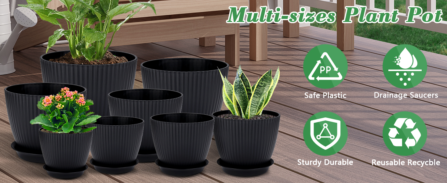 Набір горщиків для квітів з пластику, 8 шт. з отворами, круглі підставки, горщики для кактусів та трав, набір для офісу, балкону, саду, сукулентів, чорний